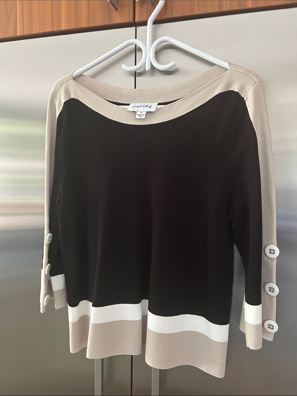 Joseph Ribkoff Black, Beige and White Colorblock Boatneck Top